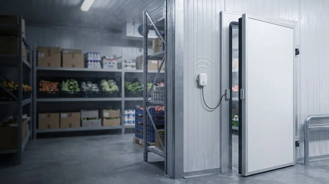 Sensor de temperatura y apertura de puerta instalado junto a la puerta de una cámara de frío