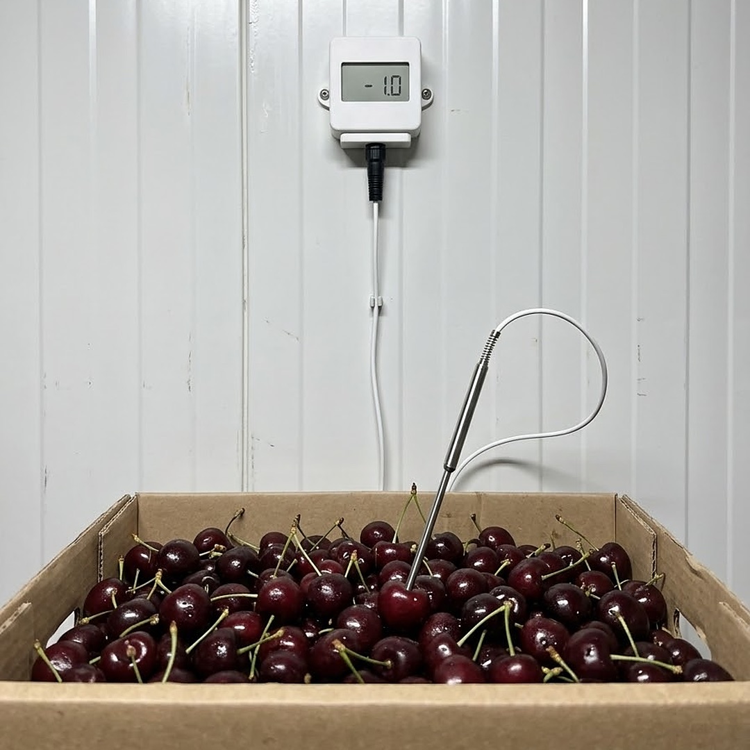Sensor de pincho insertado en una caja de cerezas dentro de una cámara de frío