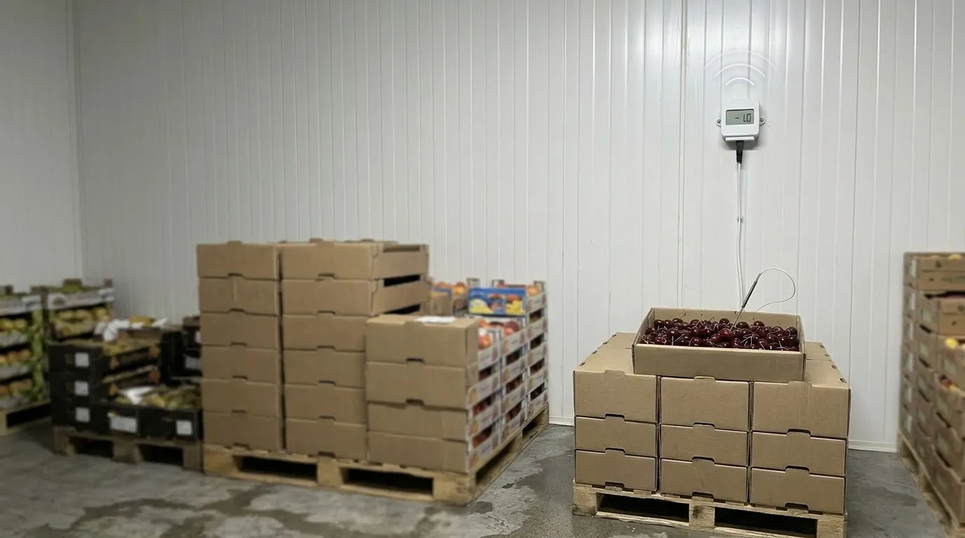 Sensor de temperatura con pincho clavado en una caja de cerezas sobre un pallet, en una cámara de frío