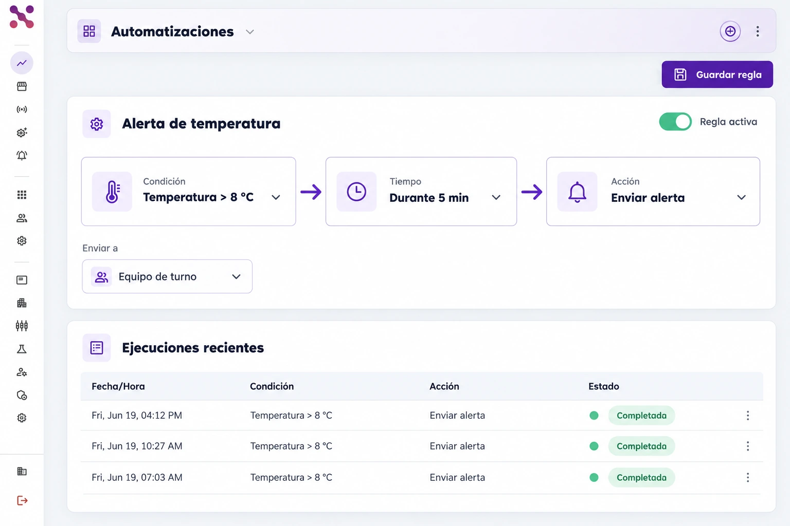 Editor de regla activa que conecta Temperatura mayor a 8 °C, Durante 5 minutos y Enviar alerta, con un interruptor de activación y un registro de ejecuciones.
